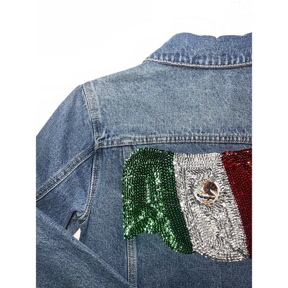 Hija De Tu Made Denim Jacket Women’s Size XS Blue Sequin Mexican Flag Distressed - Picture 13 of 16